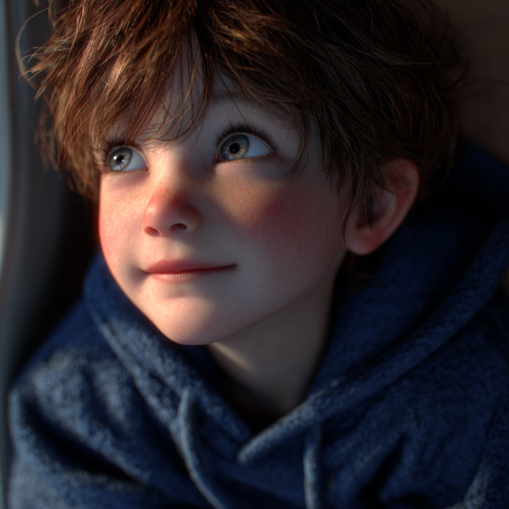 Mały chłopiec patrzący w górę z uśmiechem | Źródło: Midjourney