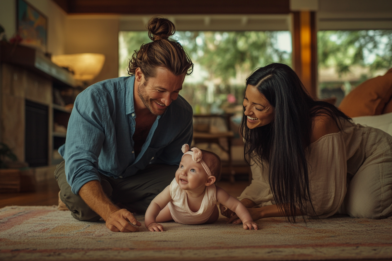 A couple plays with a baby girl on the floor of their living room | Source: Midjourney