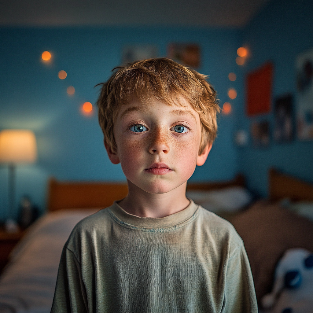 Un jeune garçon debout dans sa chambre | Source : Midjourney