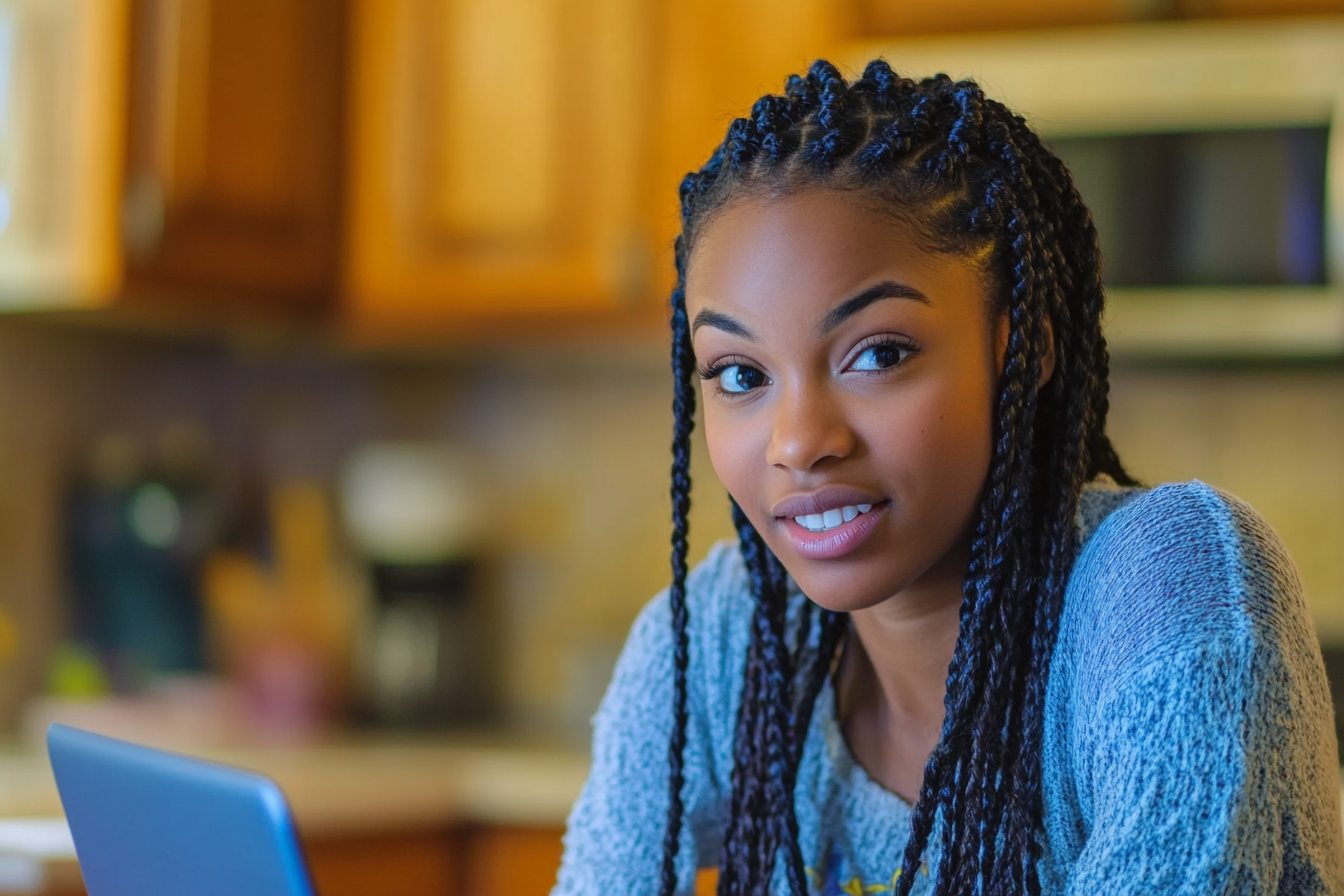 Une femme jette un regard incertain à quelqu'un tout en parlant | Source : Midjourney