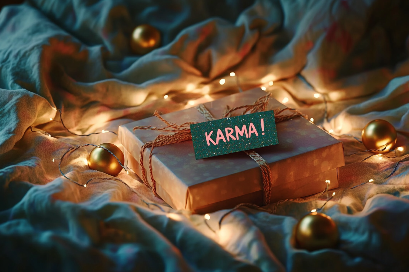 A gift box with a card featuring the word "KARMA" | Source: Midjourney