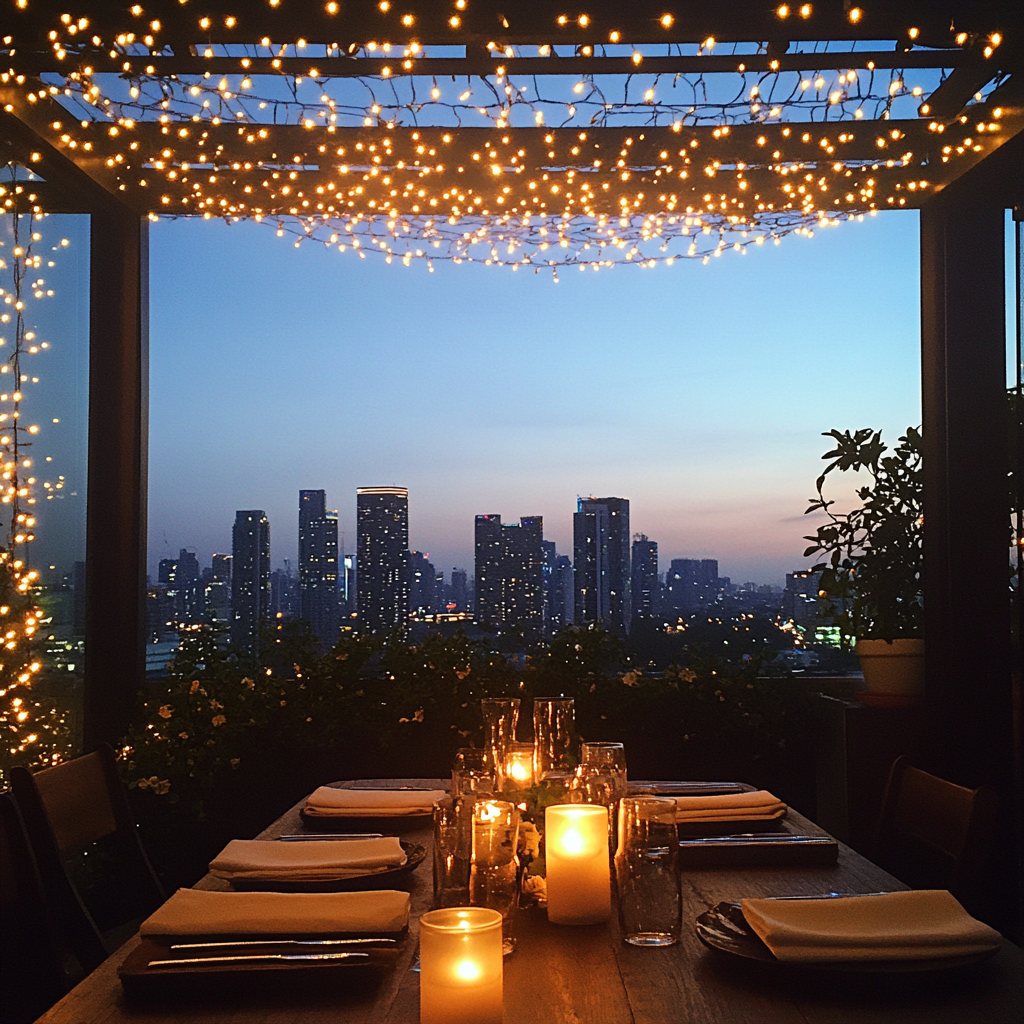 A table at a rooftop restaurant | Source: Midjourney