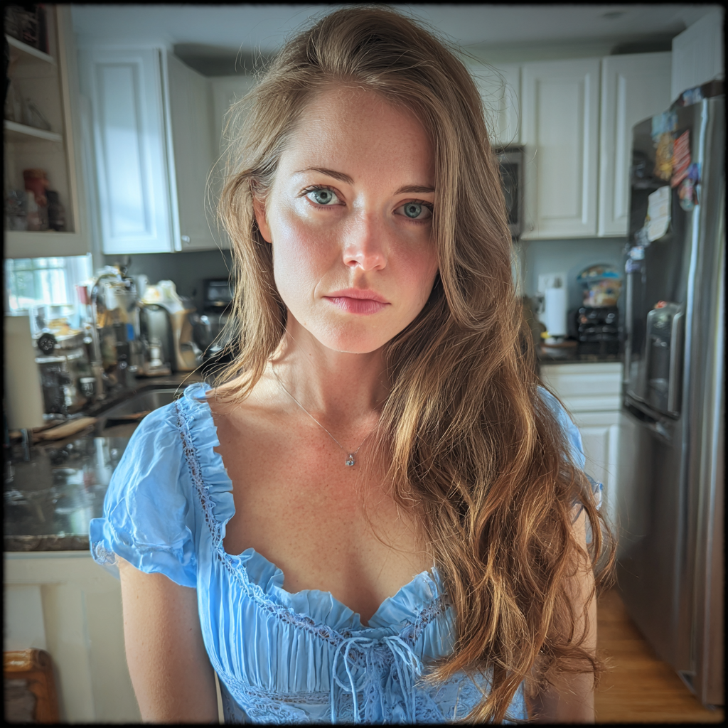 A close up of a pensive woman in a blue dress | Source: Midjourney