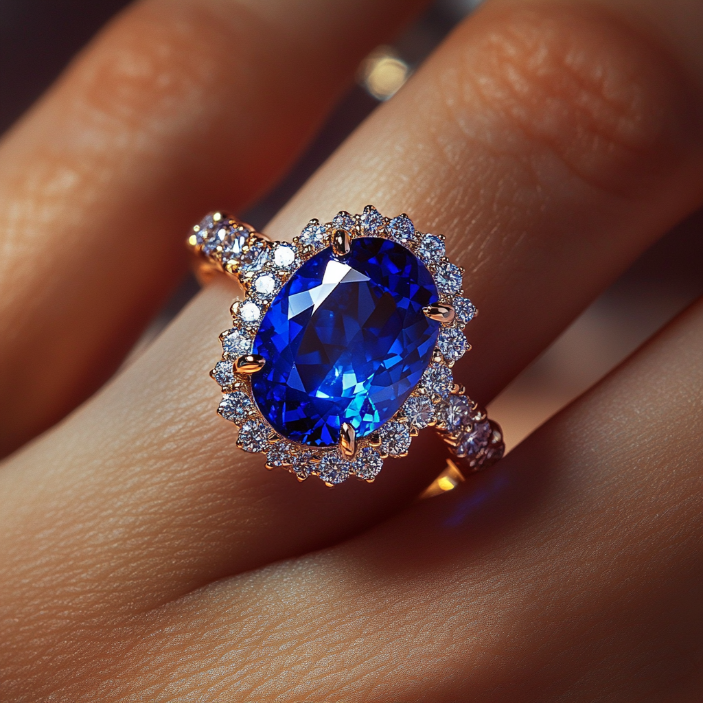 Close-up shot of a woman wearing a stunning sapphire ring | Source: Midjourney