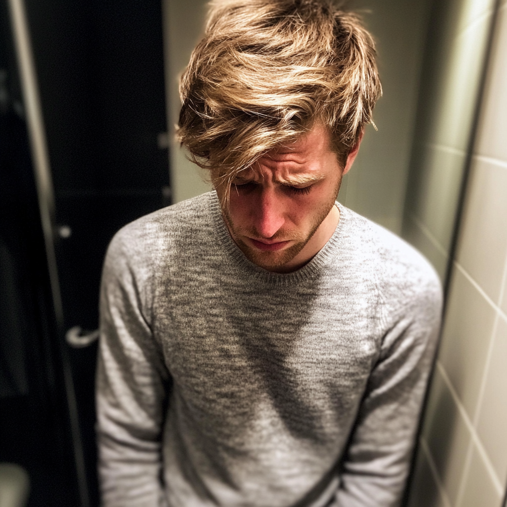 A close up of an upset man standing in a bathroom | Source: Midjourney