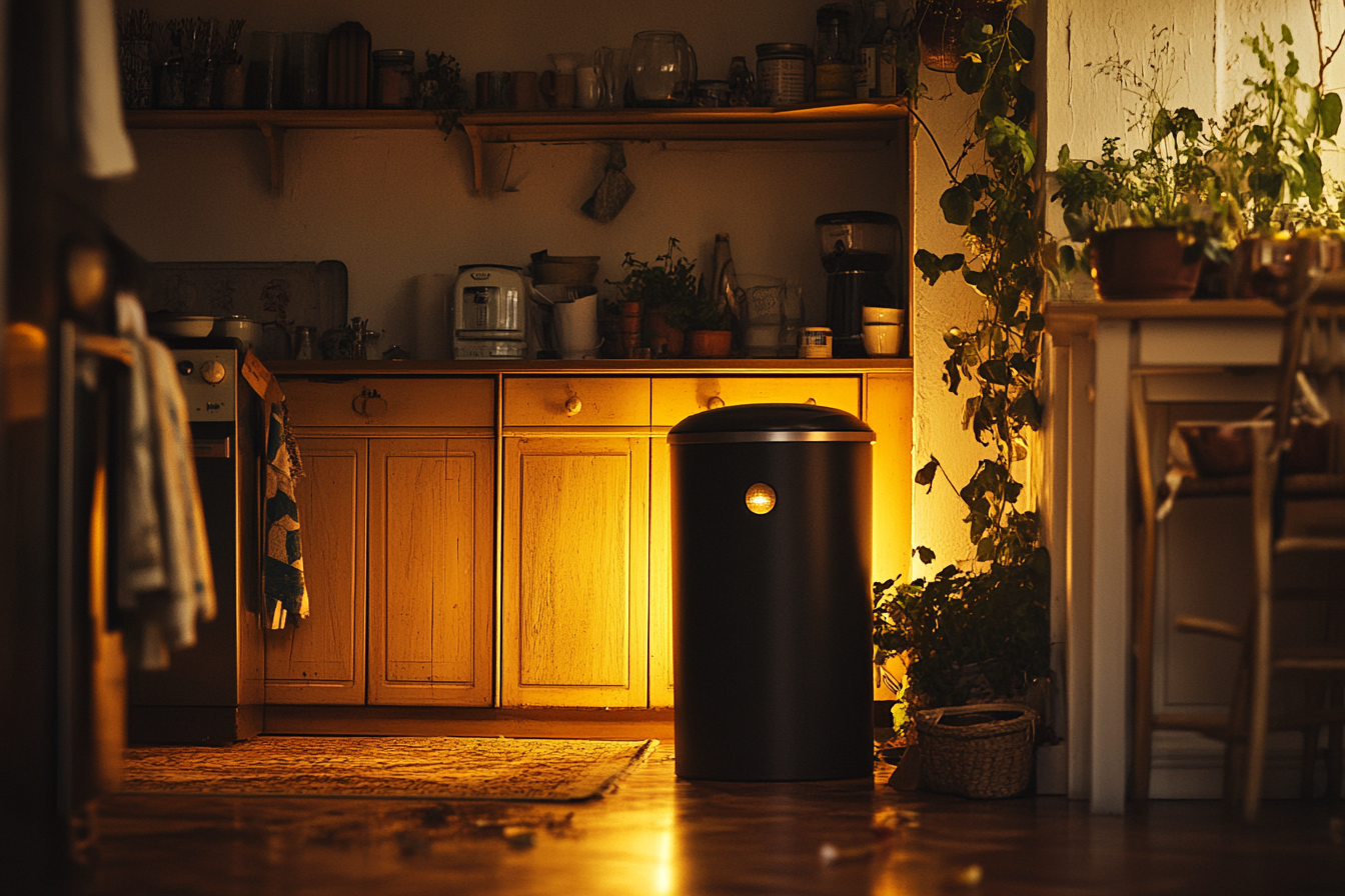 A trash can sitting in the corner of a kitchen | Source: Midjourney