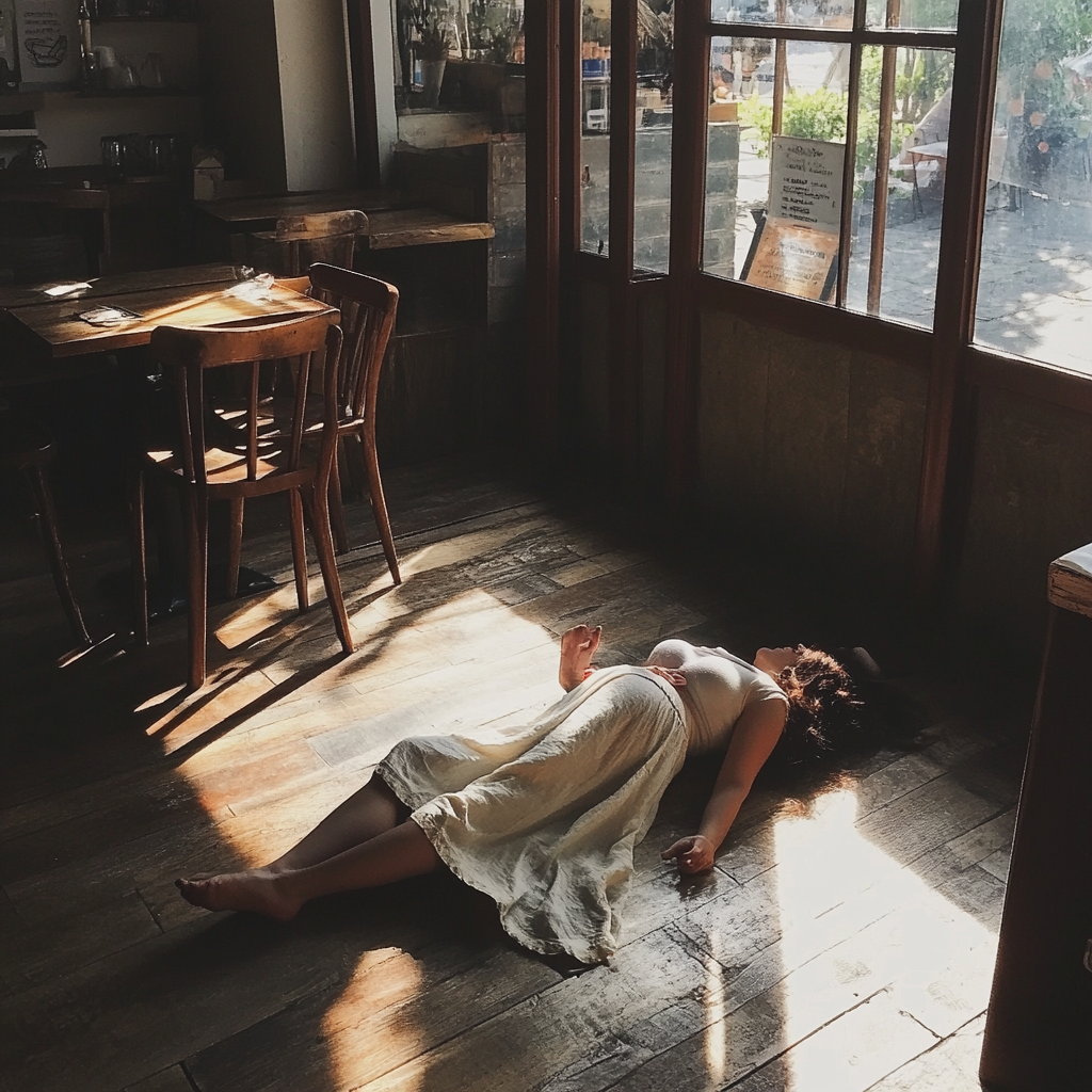 A pregnant woman lying on the floor | Source: Midjourney