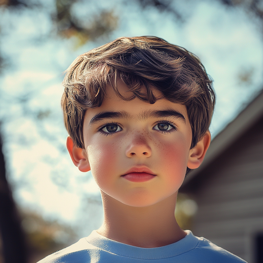 A boy standing outside a house | Source: Midjourney