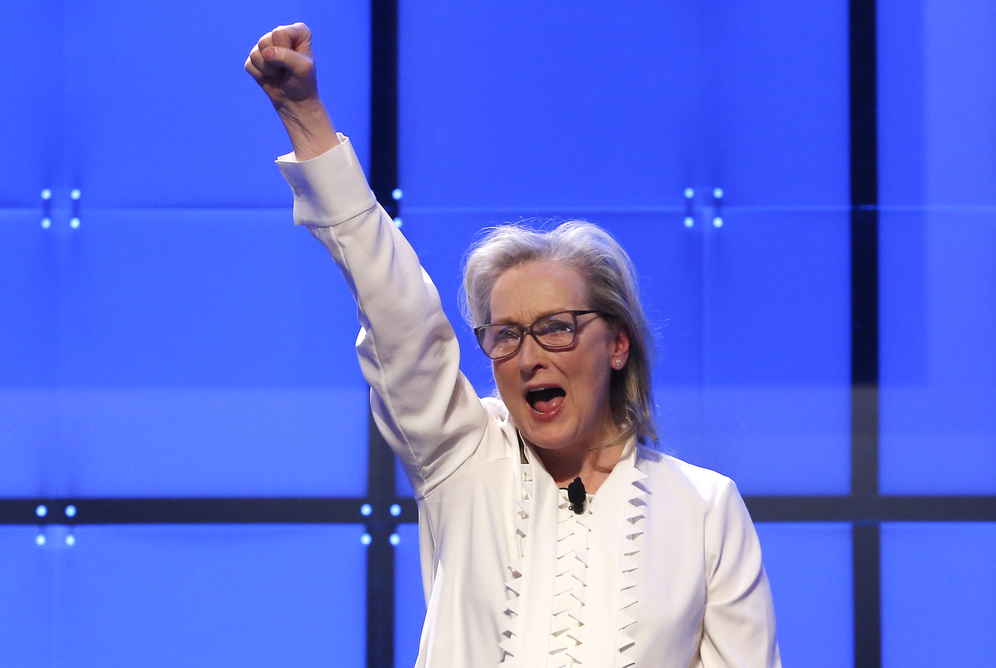 Meryl Streep gestures to the crowd after speaking during the Keynote Luncheon at The Massachusetts Conference For Women at the Boston Convention and Exhibition Center on December 7, 2017. | Source: Getty Images