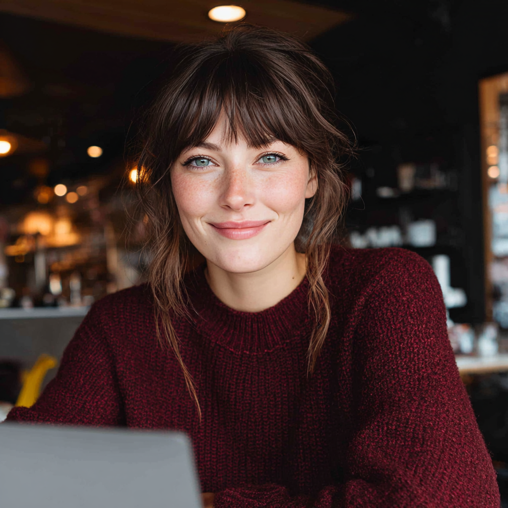A woman sitting in a coffee shop with her laptop | Source: Midjourney