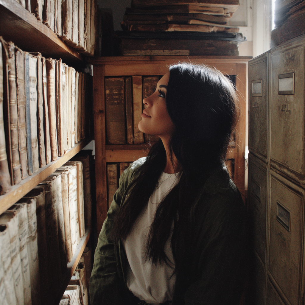 A woman looking at a row of books | Source: Midjourney