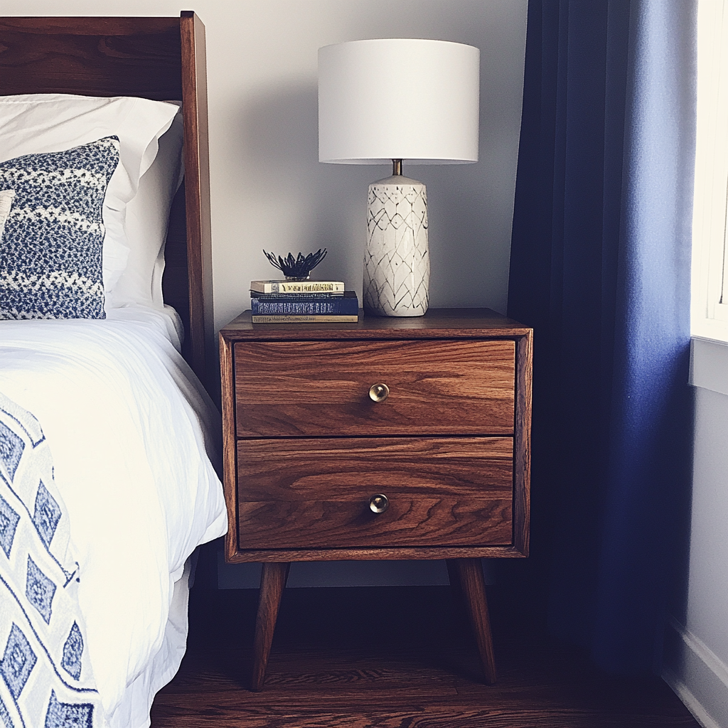 A dark wood nightstand in a bedroom | Source: Midjourney
