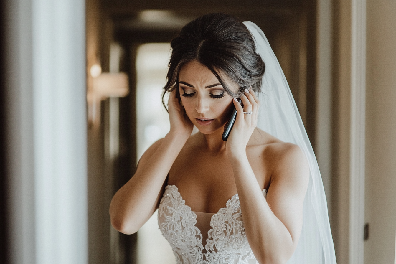 A worried bride speaking on her cell phone | Source: Midjourney