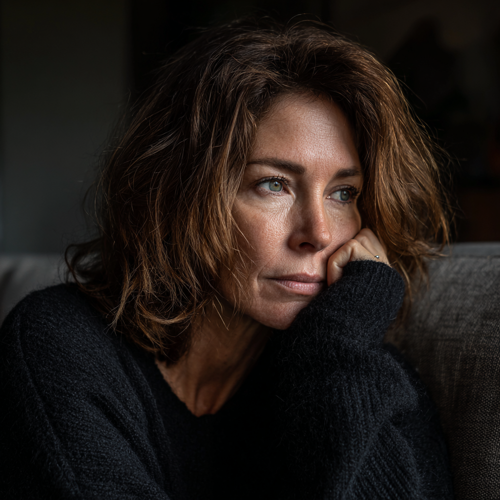 An upset woman sitting on a couch | Source: Midjourney