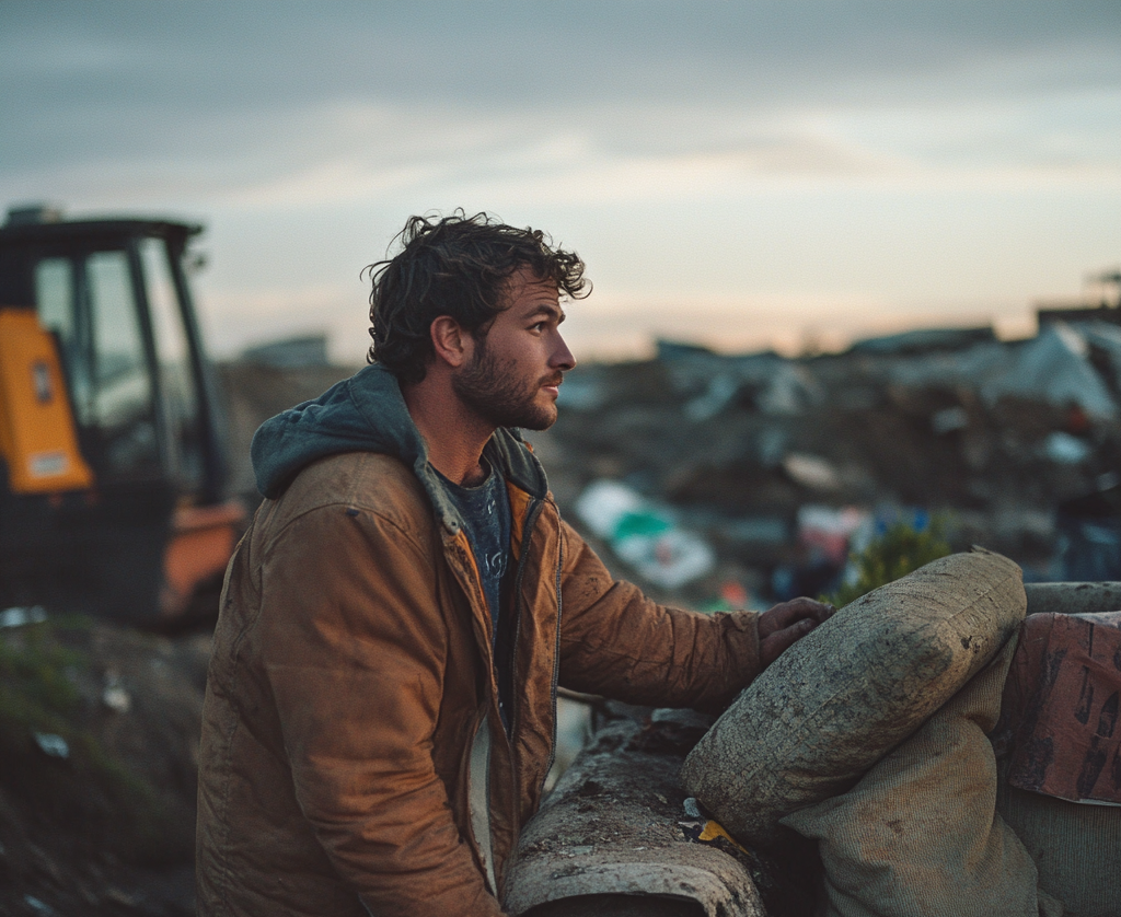 Man in a dumpsite standing next to an old couch | Source: Midjourney