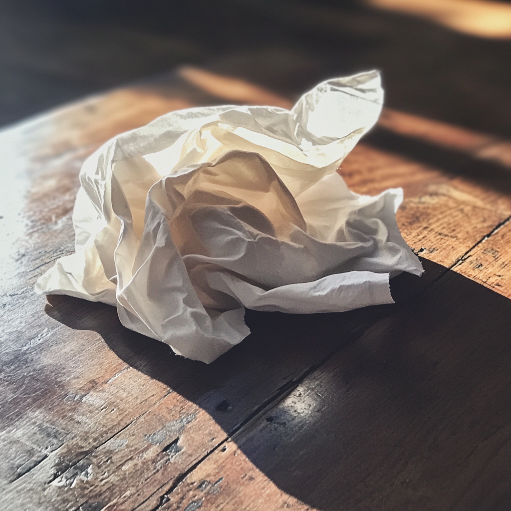 A crumbled napkin on a table | Source: Midjourney