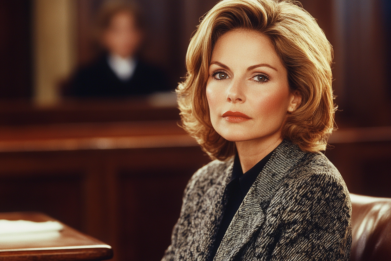 A stern woman sitting in a courtroom | Source: Midjourney