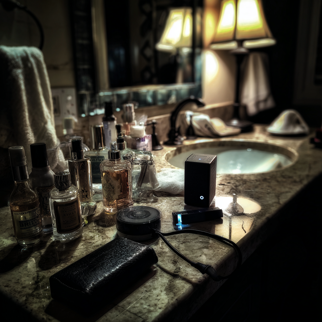 A small recording device on a bathroom counter | Source: Midjourney