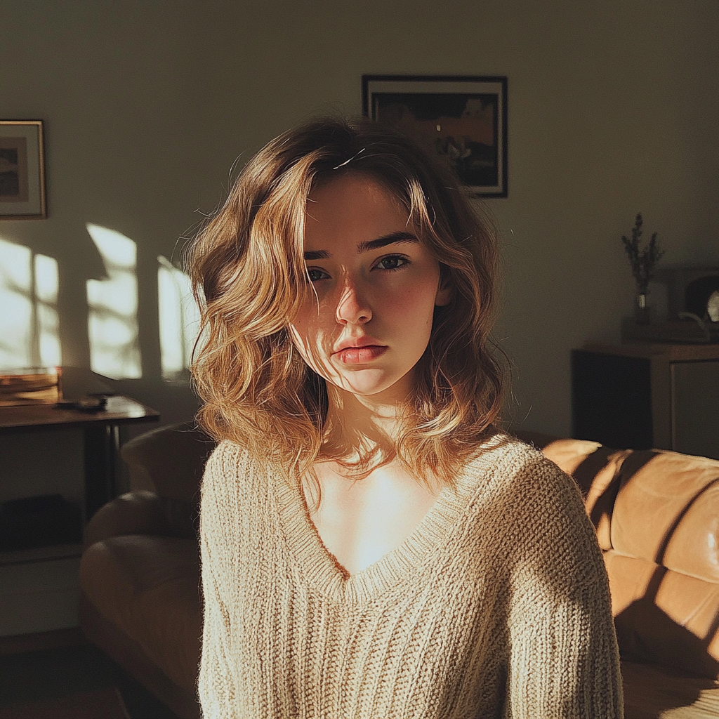 A teenage girl standing in a living room | Source: Midjourney