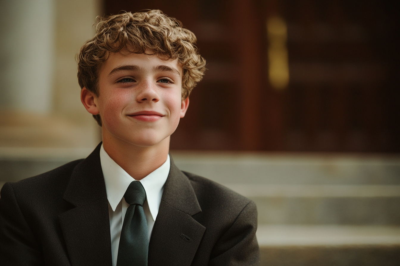 A man smiling outside a courthouse | Source: Midjourney