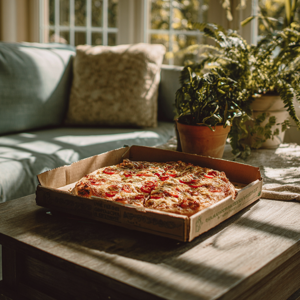 A box of pizza on a coffee table | Source: Midjourney