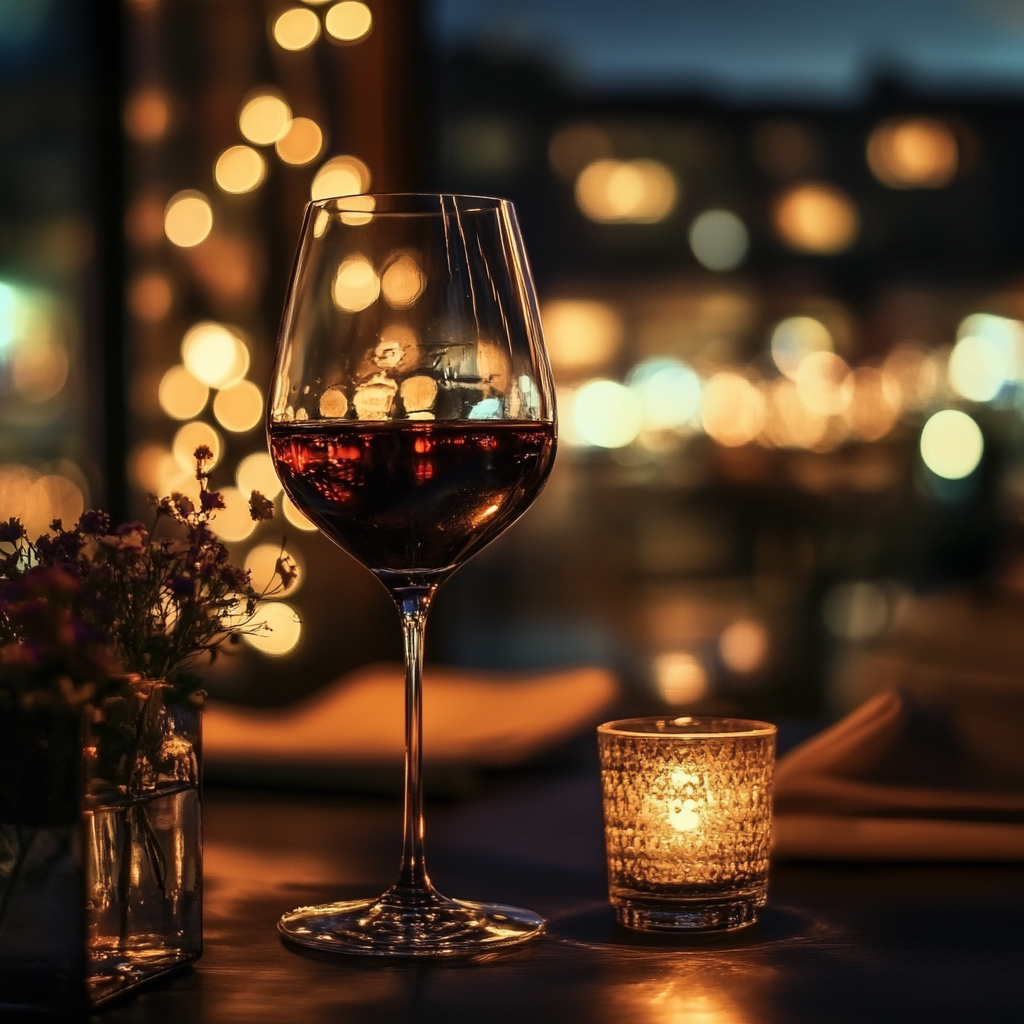 A glass of wine on a table | Source: Midjourney