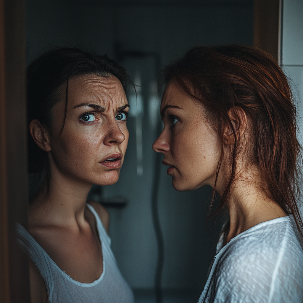 Two angry women talking in a bathroom | Source: Midjourney