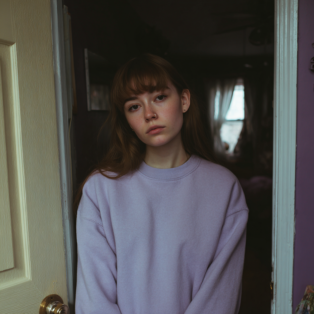A girl wearing a lilac sweatshirt | Source: Midjourney
