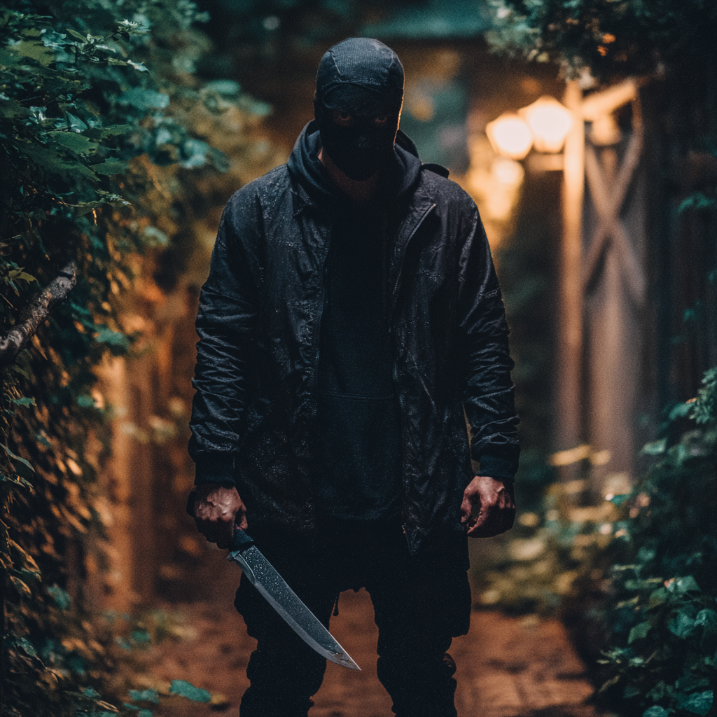 A person wearing a black mask and holding a knife | Source: Midjourney