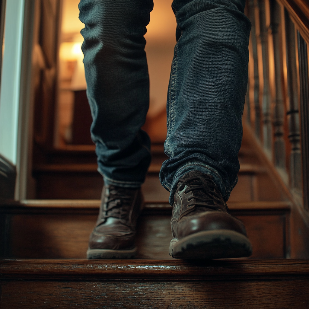 Close-up shot of a man walking down the stairs | Source: Midjourney