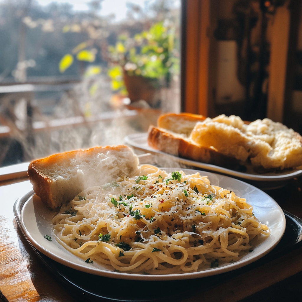 A close up of pasta and garlic bread | Source: Midjourney