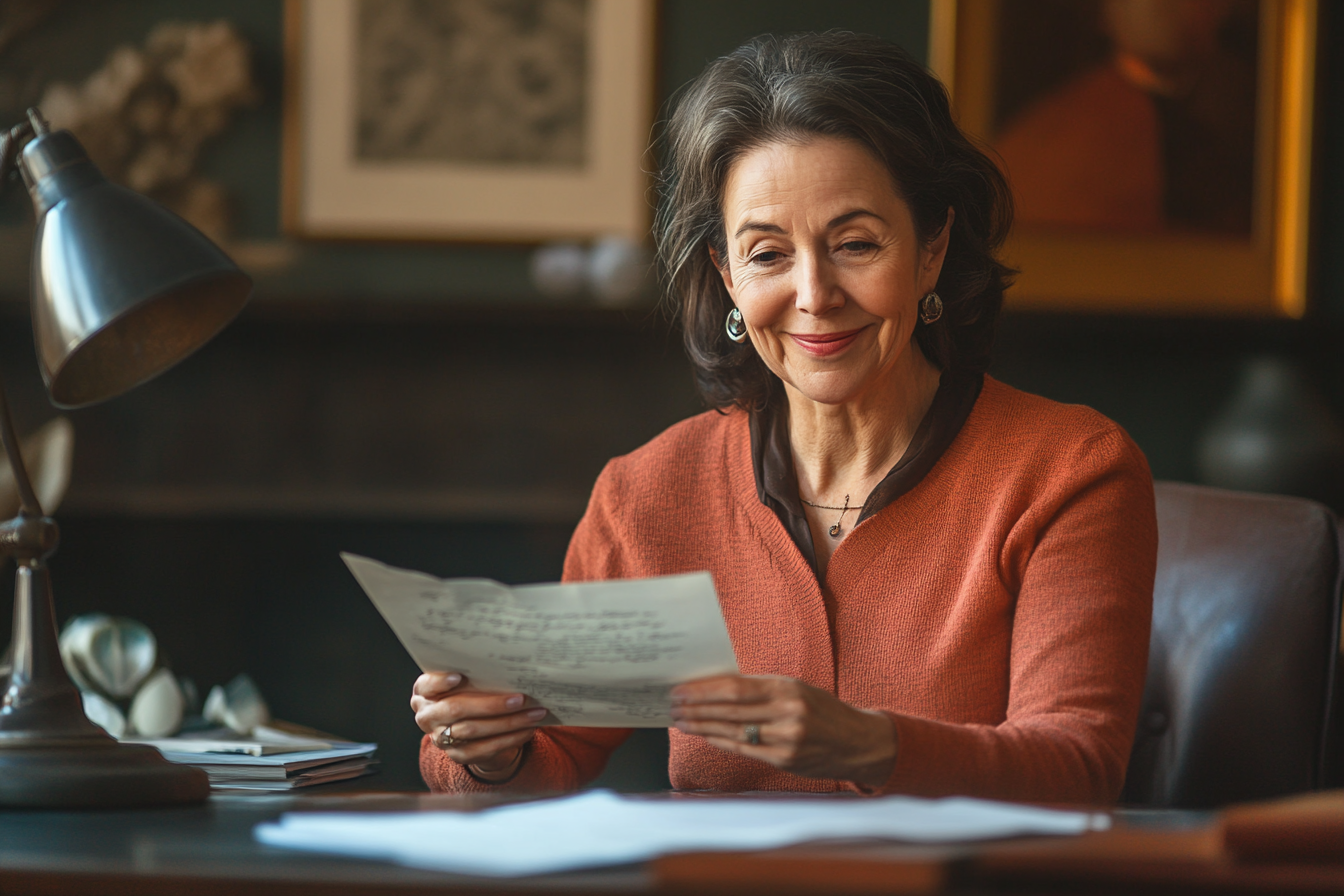 A woman smiling while reading a letter | Source: Midjourney