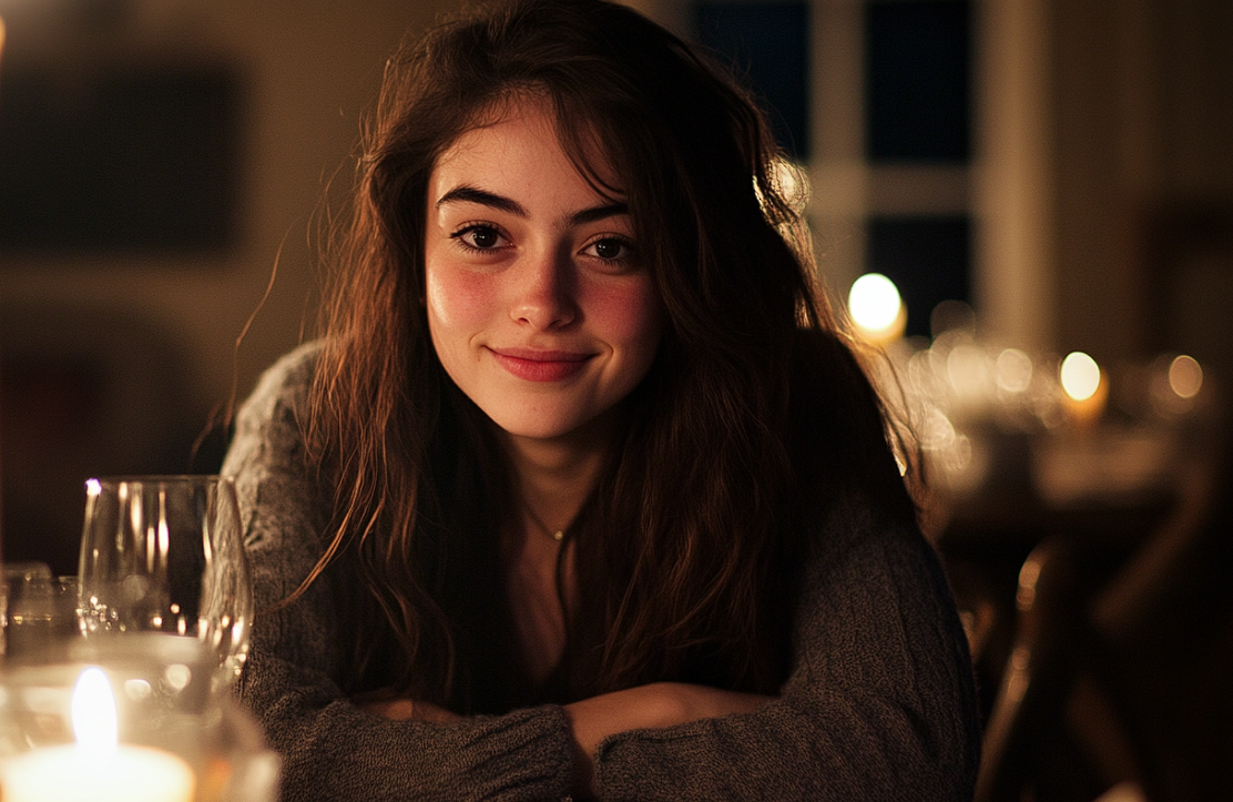 A woman smiling during dinner | Source: Midjourney