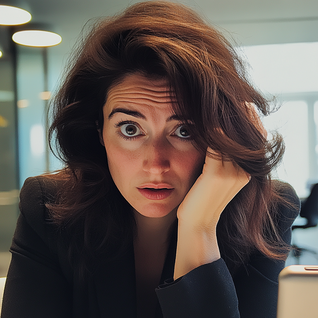 A stressed woman sitting at her desk | Source: Midjourney