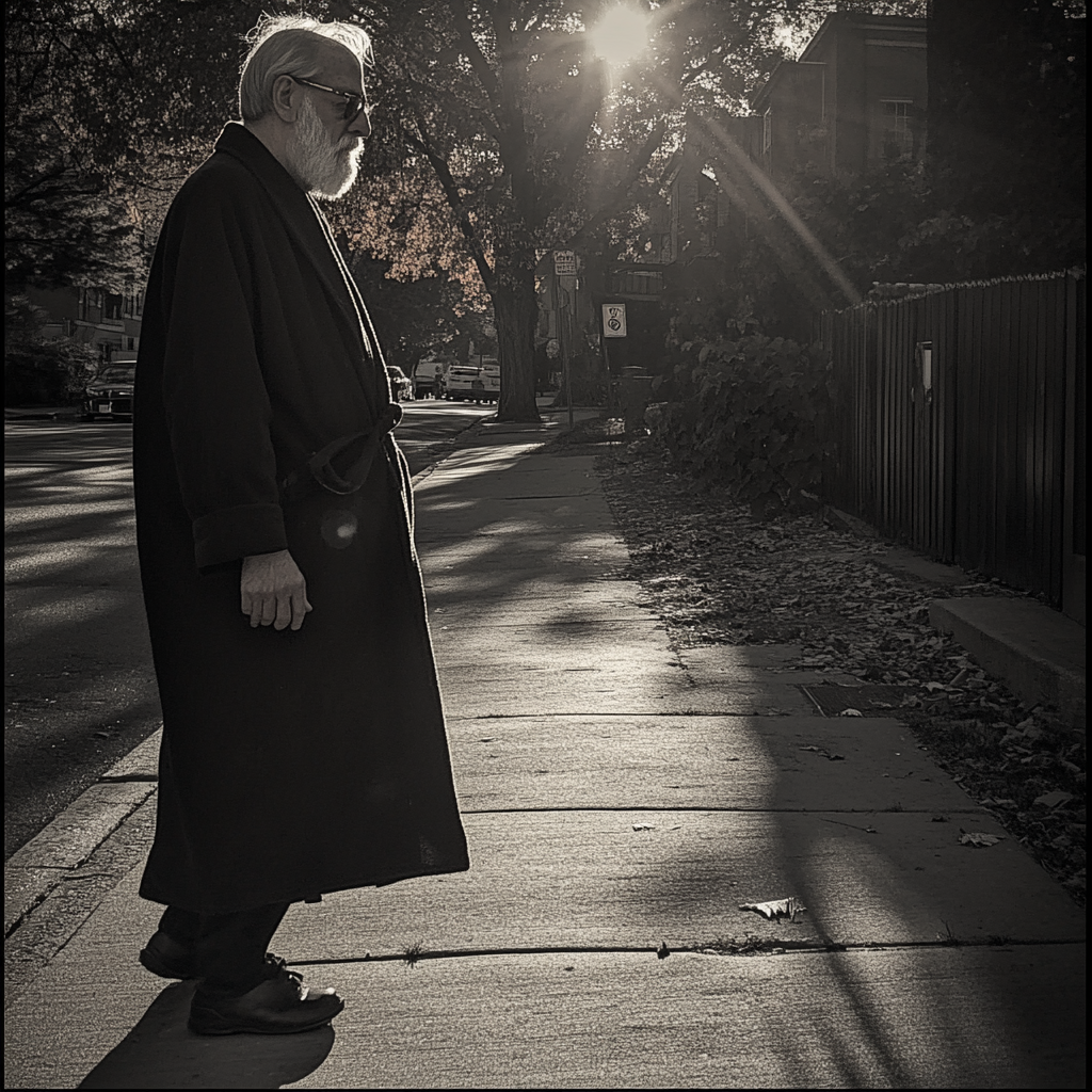 A man standing on a sidewalk | Source: Midjourney