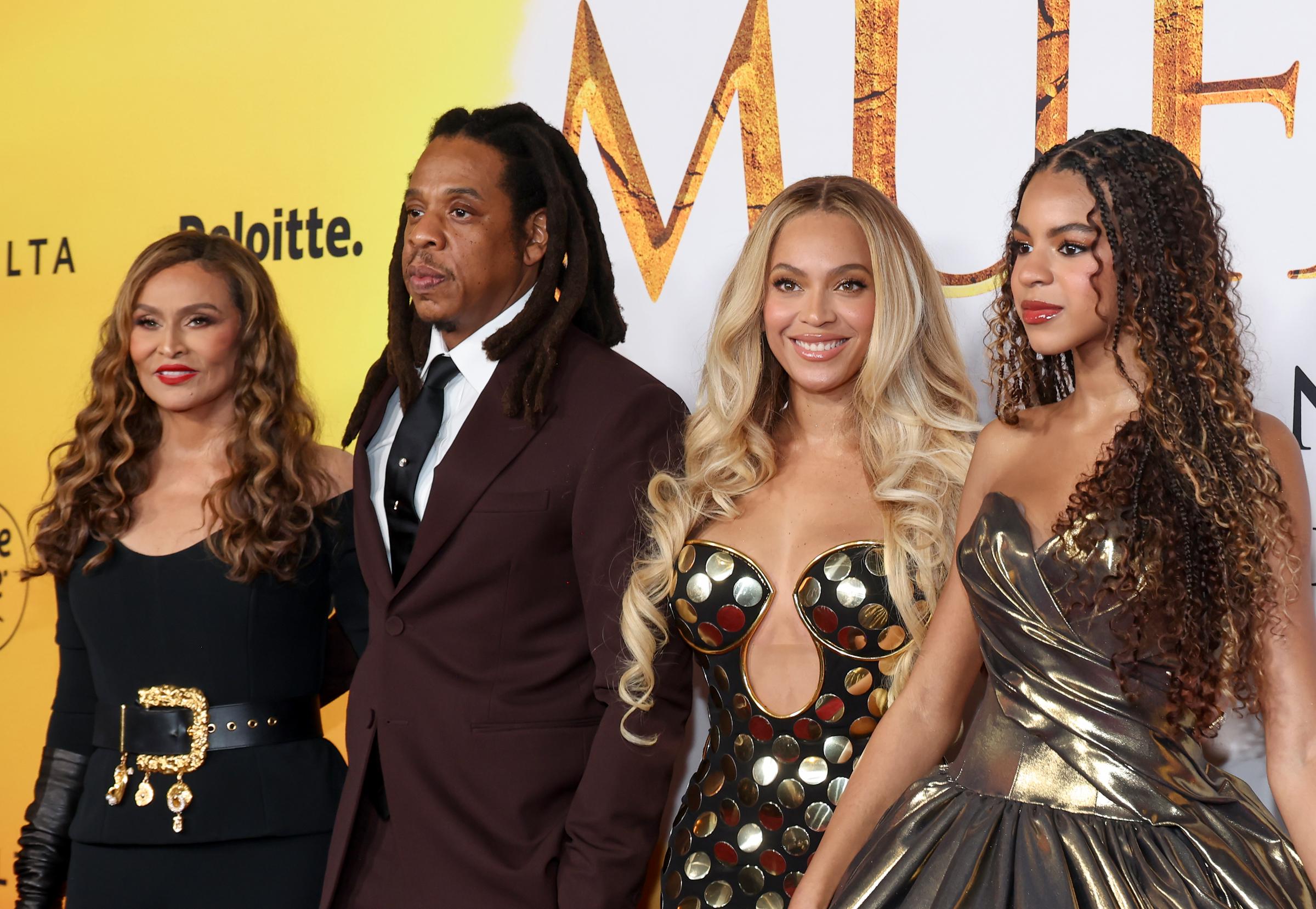 Tina Knowles, Jay-Z, Beyoncé, and Blue Ivy Carter attend the Los Angeles premiere of Disney's "Mufasa: The Lion King" at Dolby Theatre on December 9, 2024, in Hollywood, California | Source: Getty Images