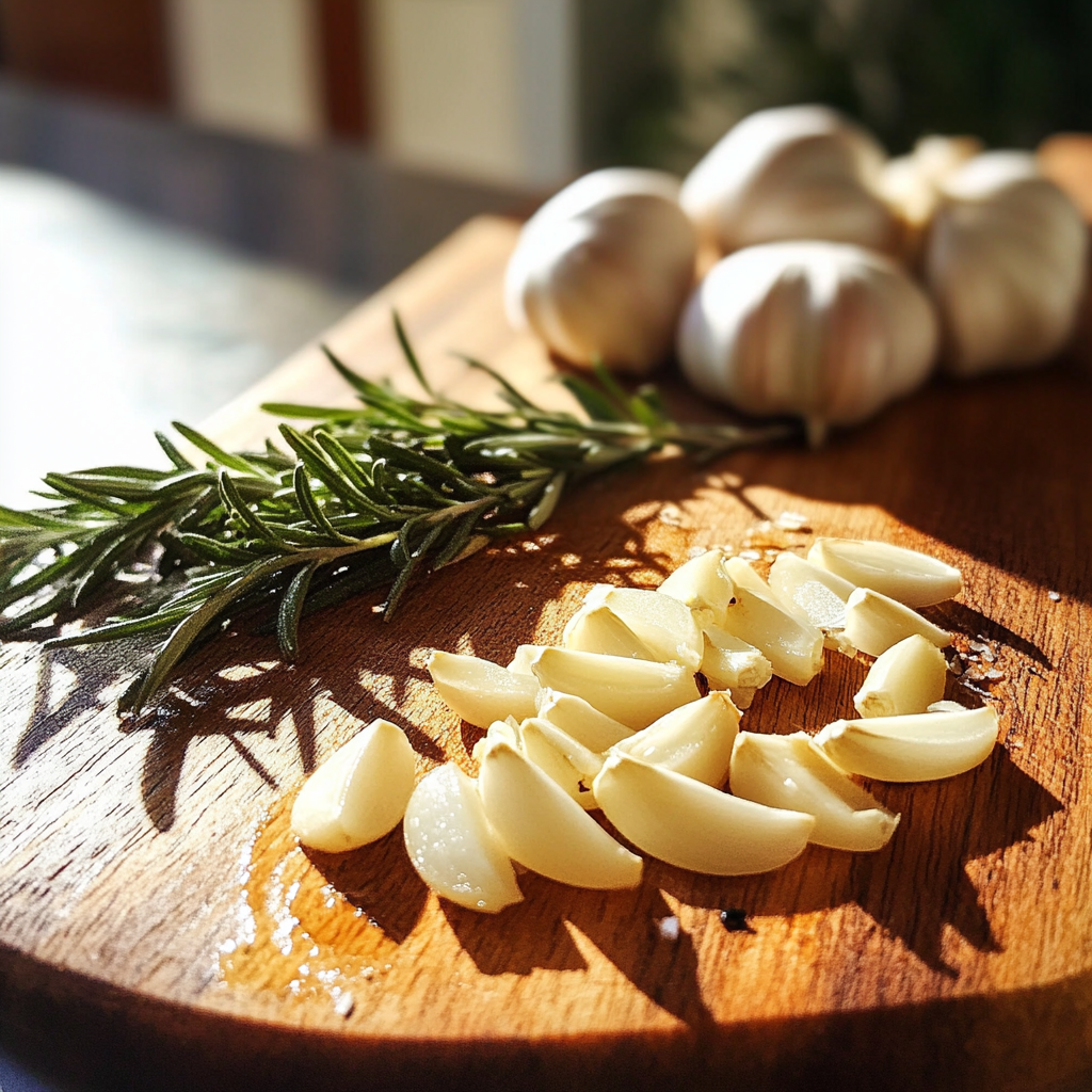 Garlic and rosemary on a wooden board | Source: Midjourney