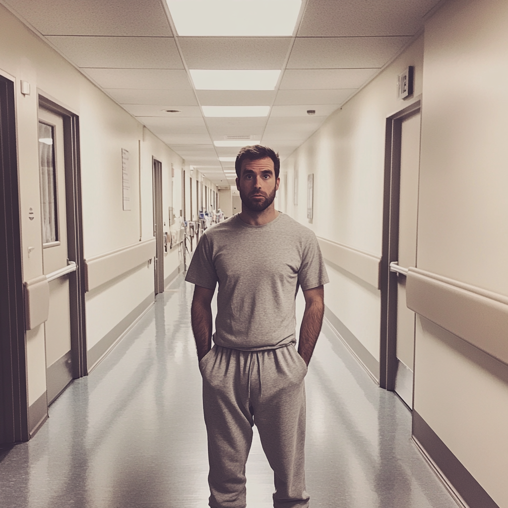 A shocked man in a hospital hallway | Source: Midjourney