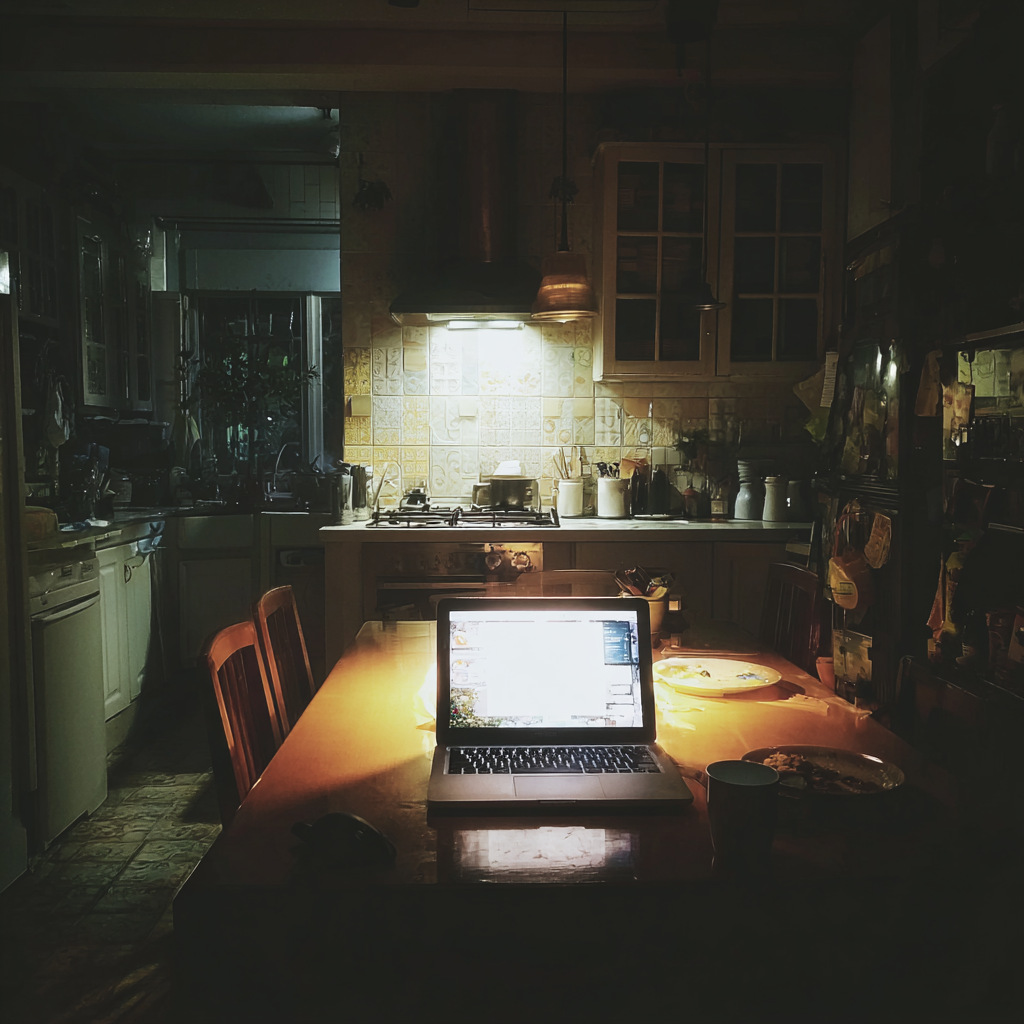 An open laptop on a kitchen table | Source: Midjourney