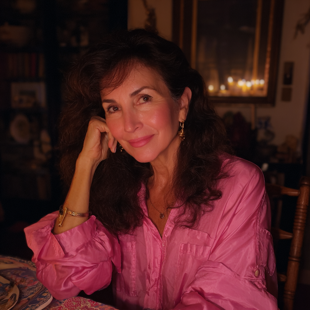 A smiling woman sitting at a dinner table | Source: Midjourney