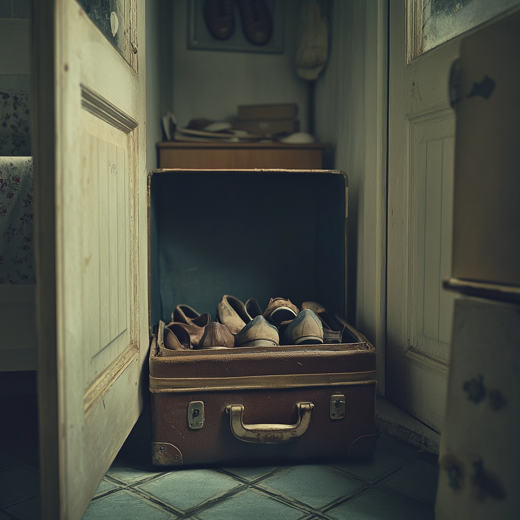 A suitcase filled with single shoes | Source: Midjourney