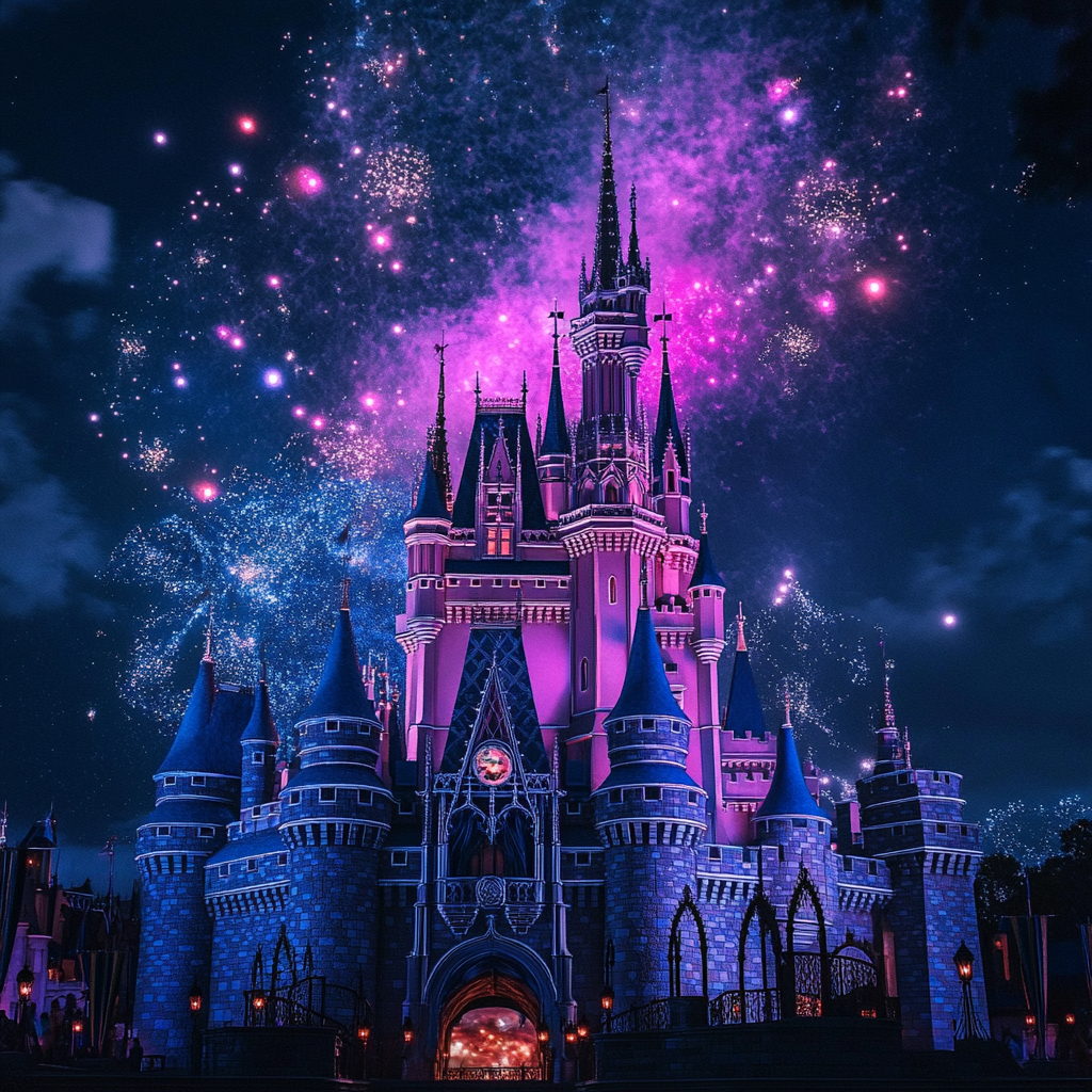 Disney à noite com show de fogos de artifício | Fonte: Midjourney