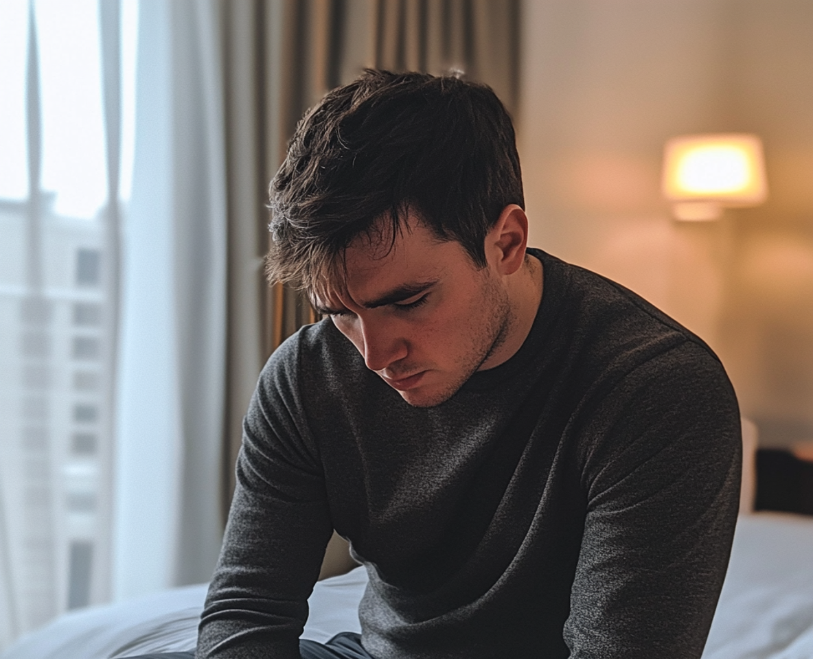 An upset man sitting on a bed | Source: Midjourney