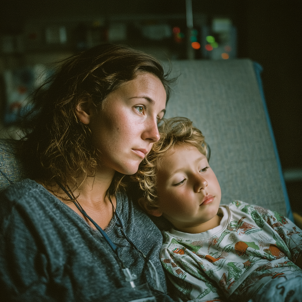 A miserable woman at the hospital with her child | Source: Midjourney