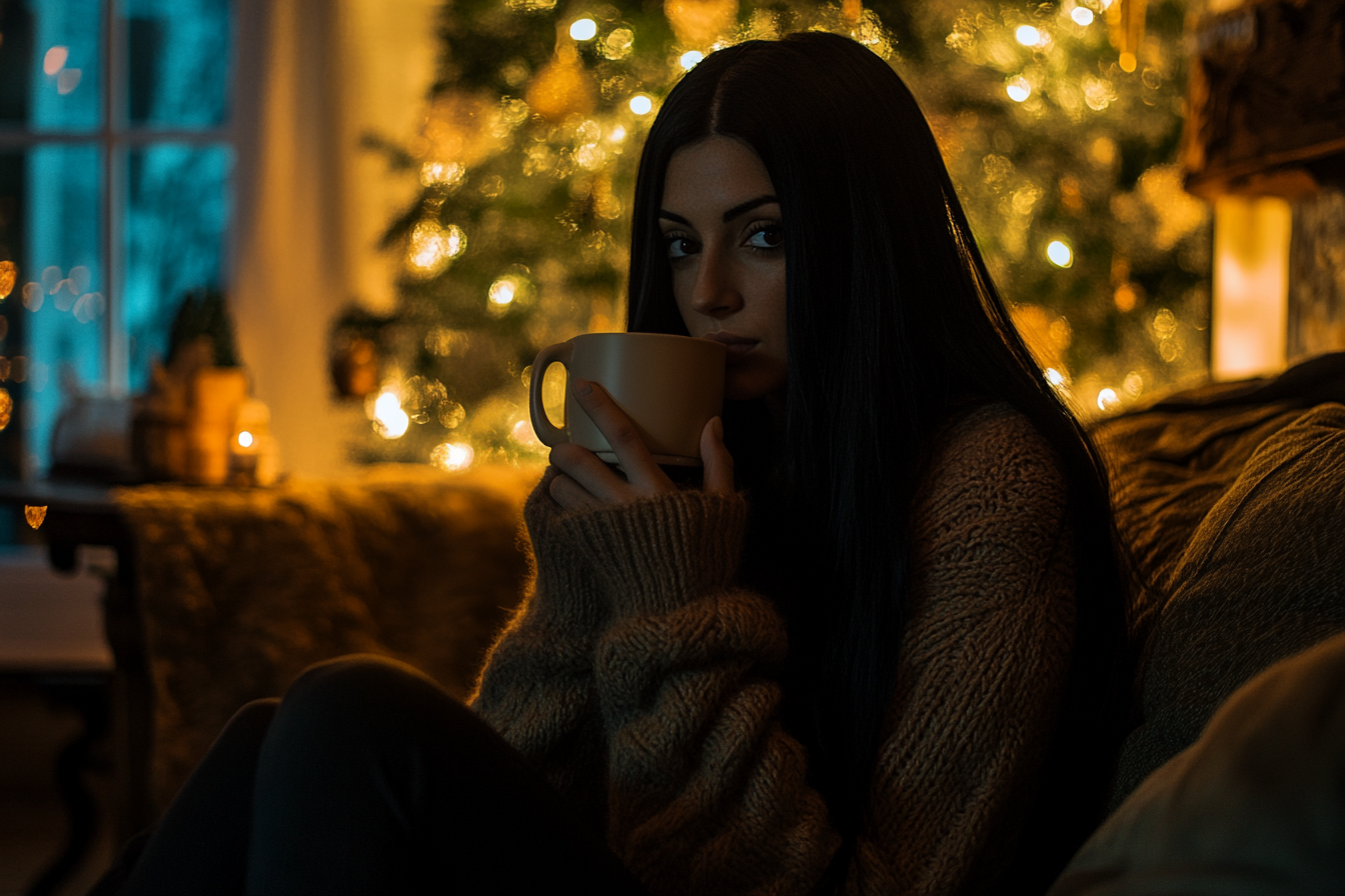 Woman on a couch sipping hot cocoa at Christmas | Source: Midjourney