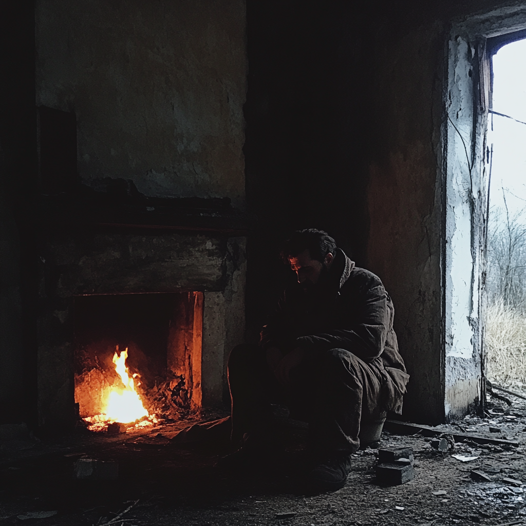 A man sitting next to a fire | Source: Midjourney