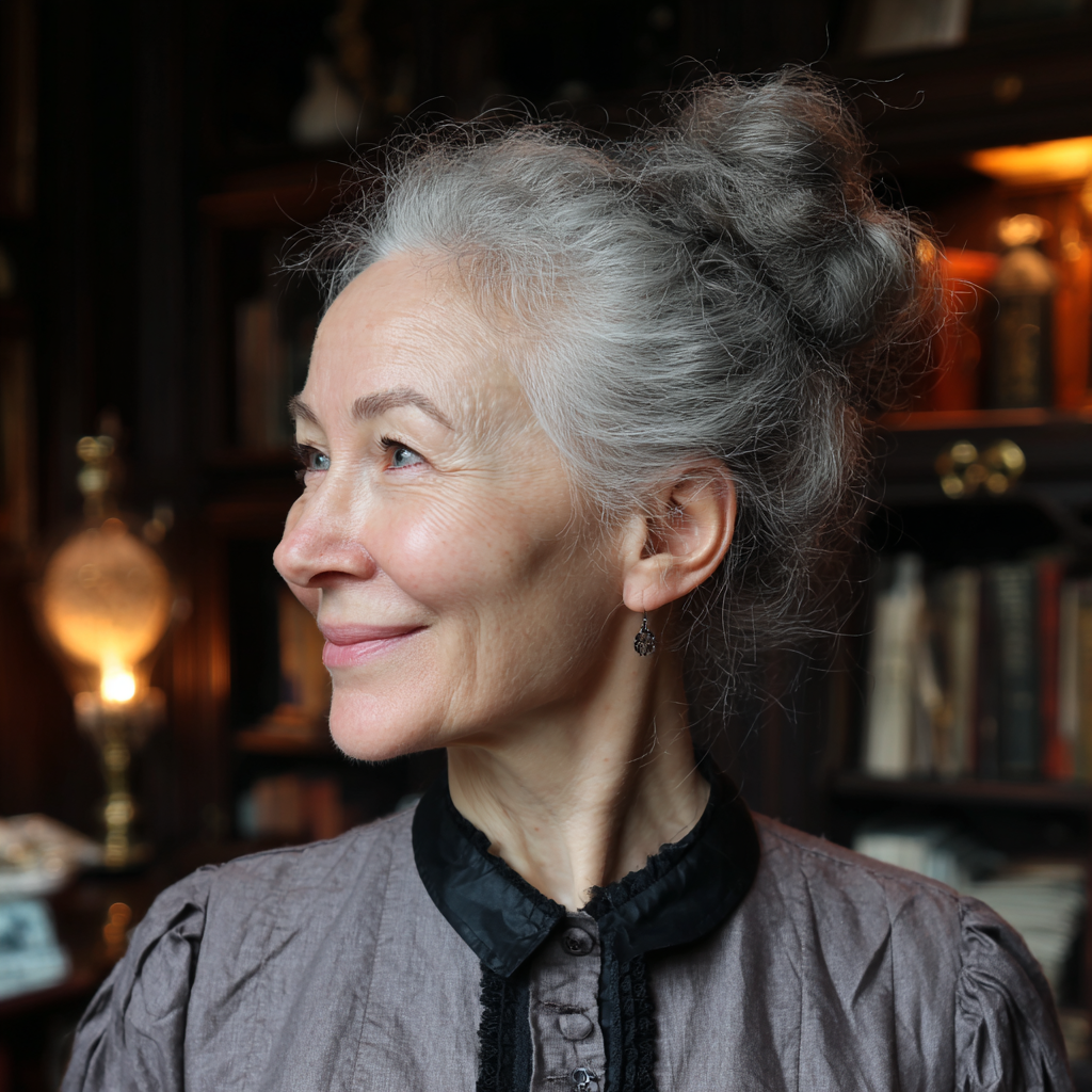 A smiling woman standing in a study | Source: Midjourney