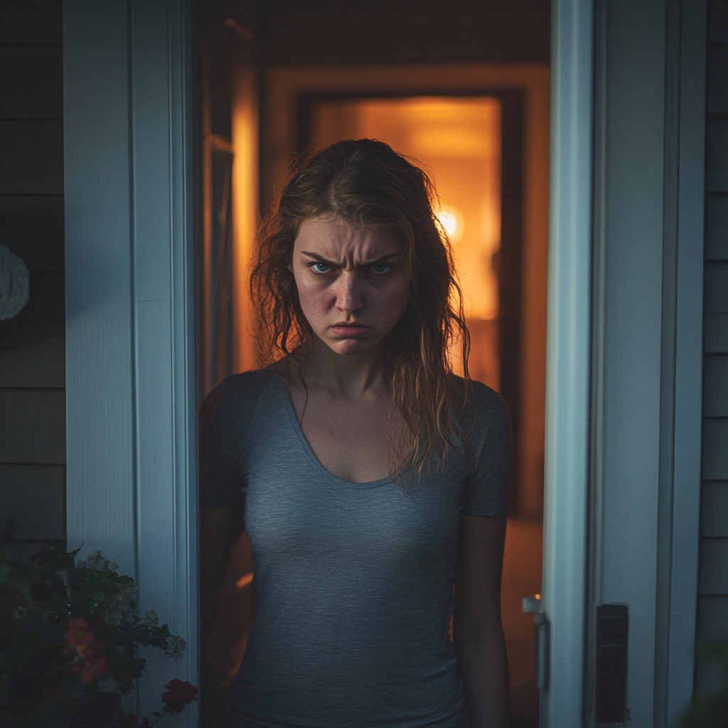 An angry woman standing in her doorway | Source: Midjourney