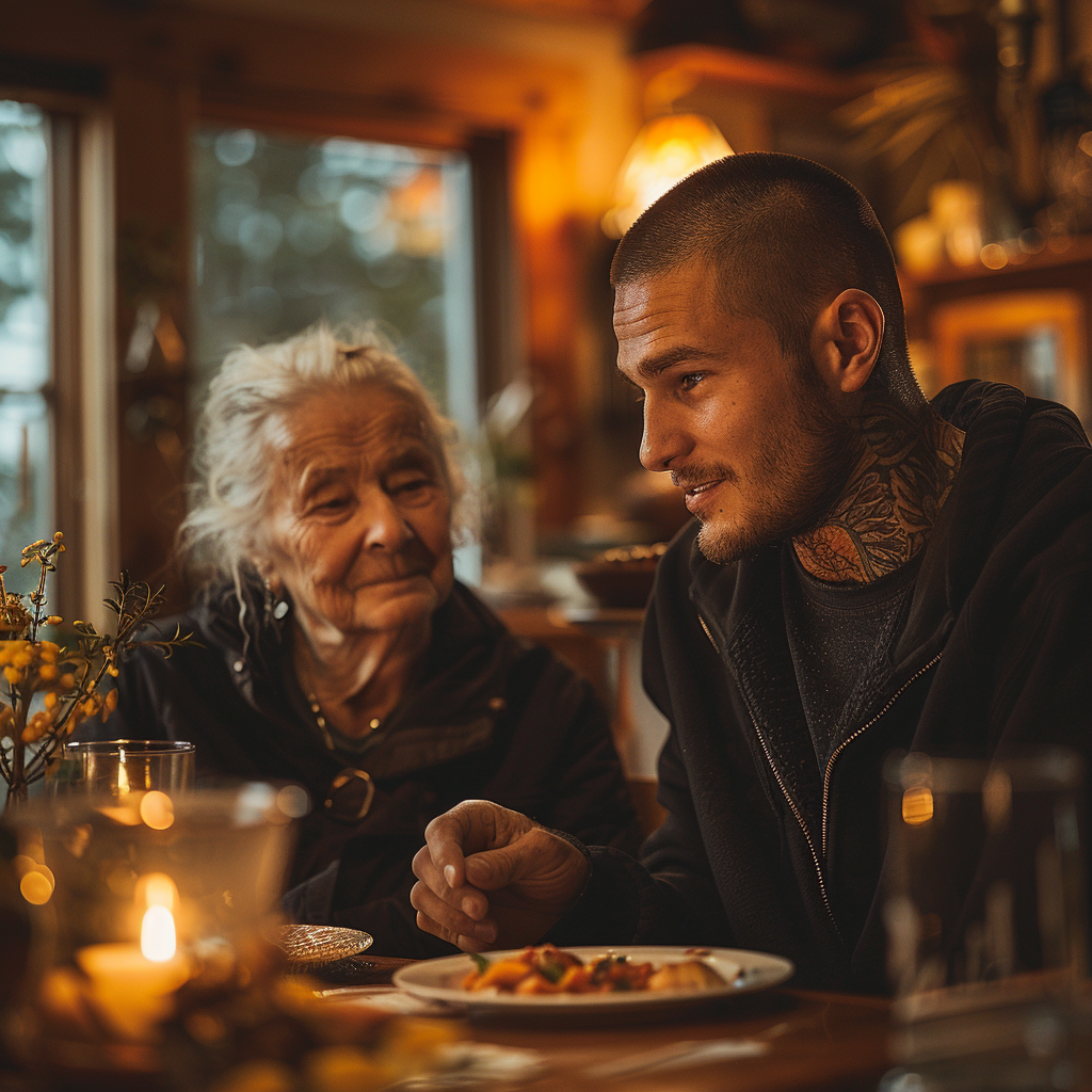 Linda's husband and his mother talking | Source: Midjourney