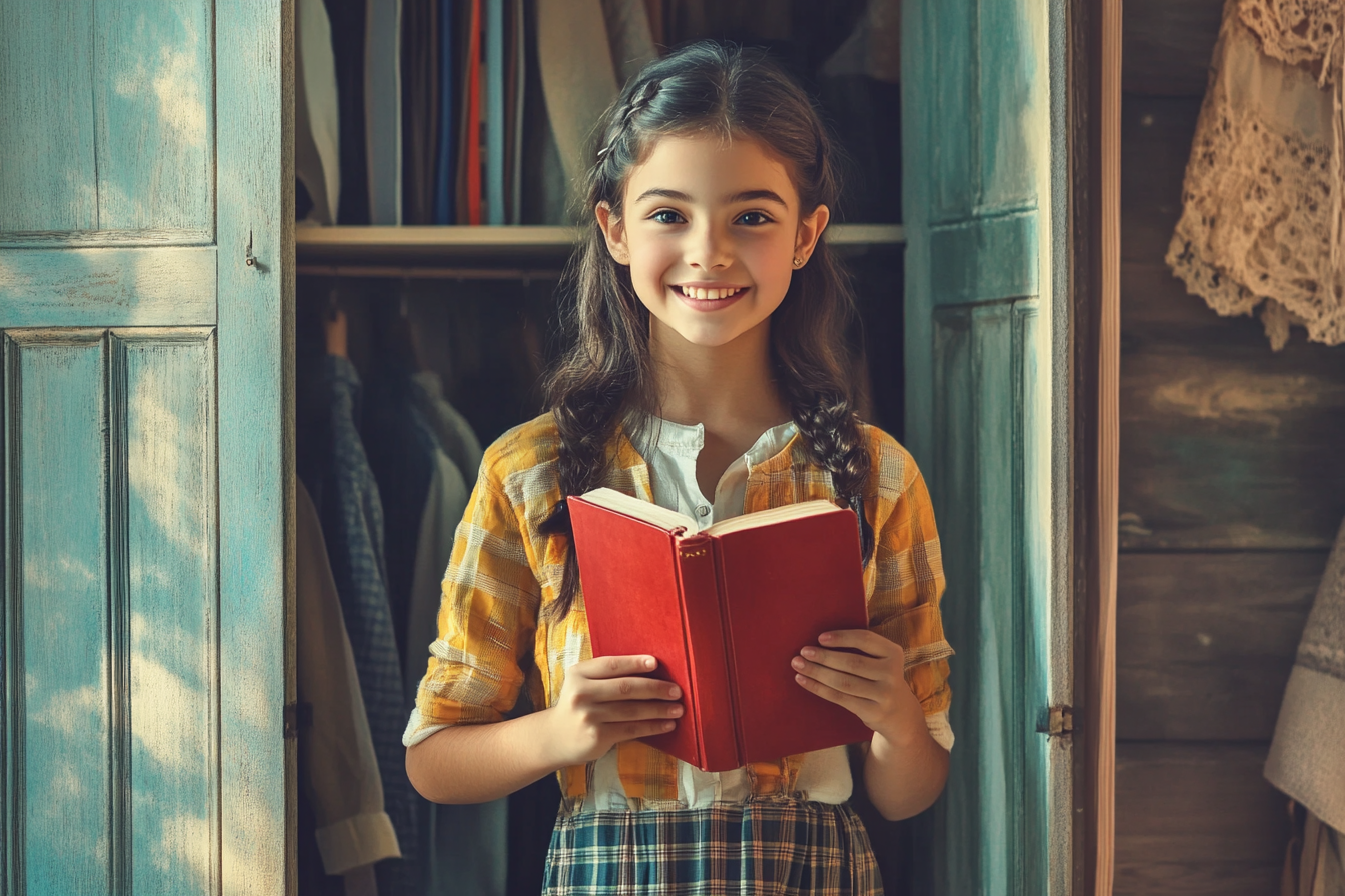 An excited girl holding a red book | Source: Midjourney